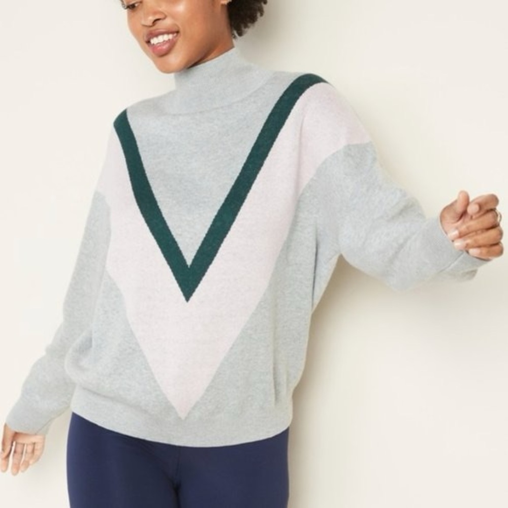 Old Navy Light Gray Mock Neck Sweater with Pink Chevron and Dark Teal Trim